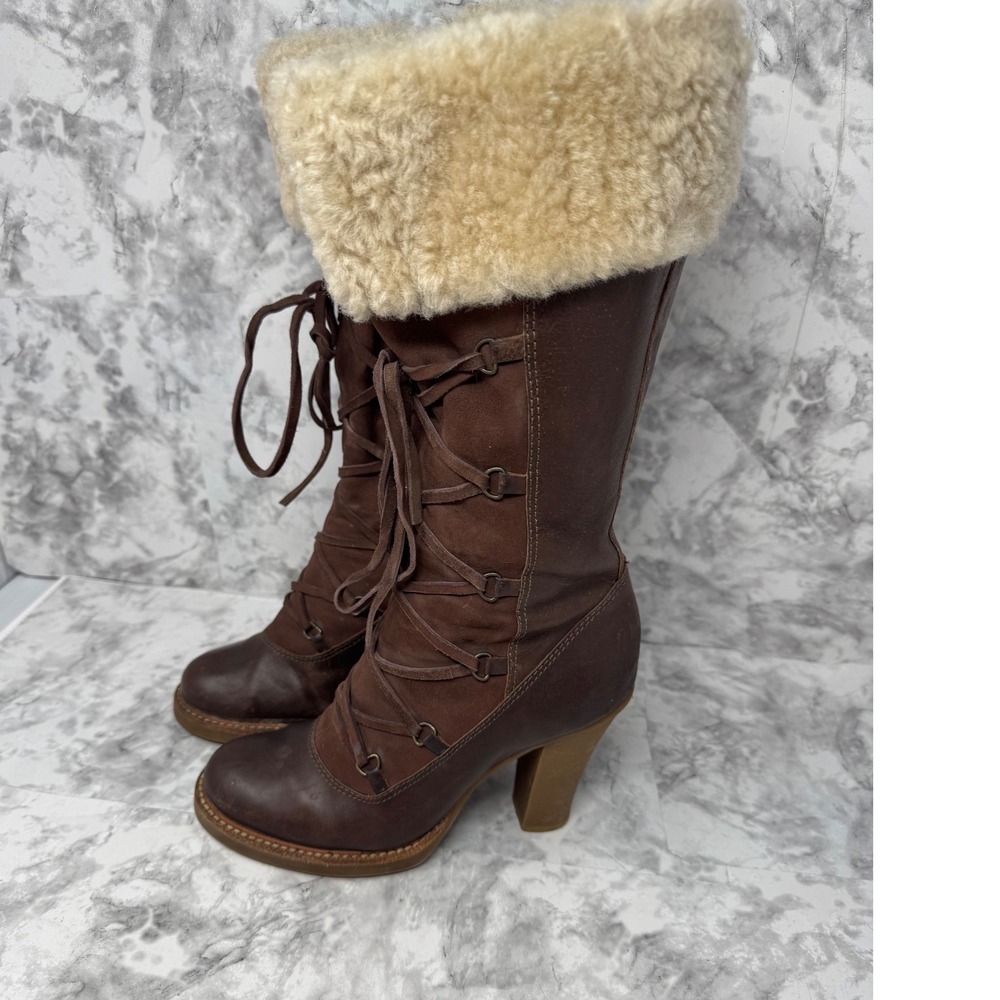Vince Camuto Brown Leather Suede Lace Up Faux Fur Cuff Block Heel Boots 8B 38
